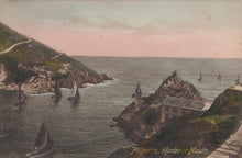 Load image into Gallery viewer, Vintage postcard of Polperro Harbour Mouth with sailboats and cliffs.

