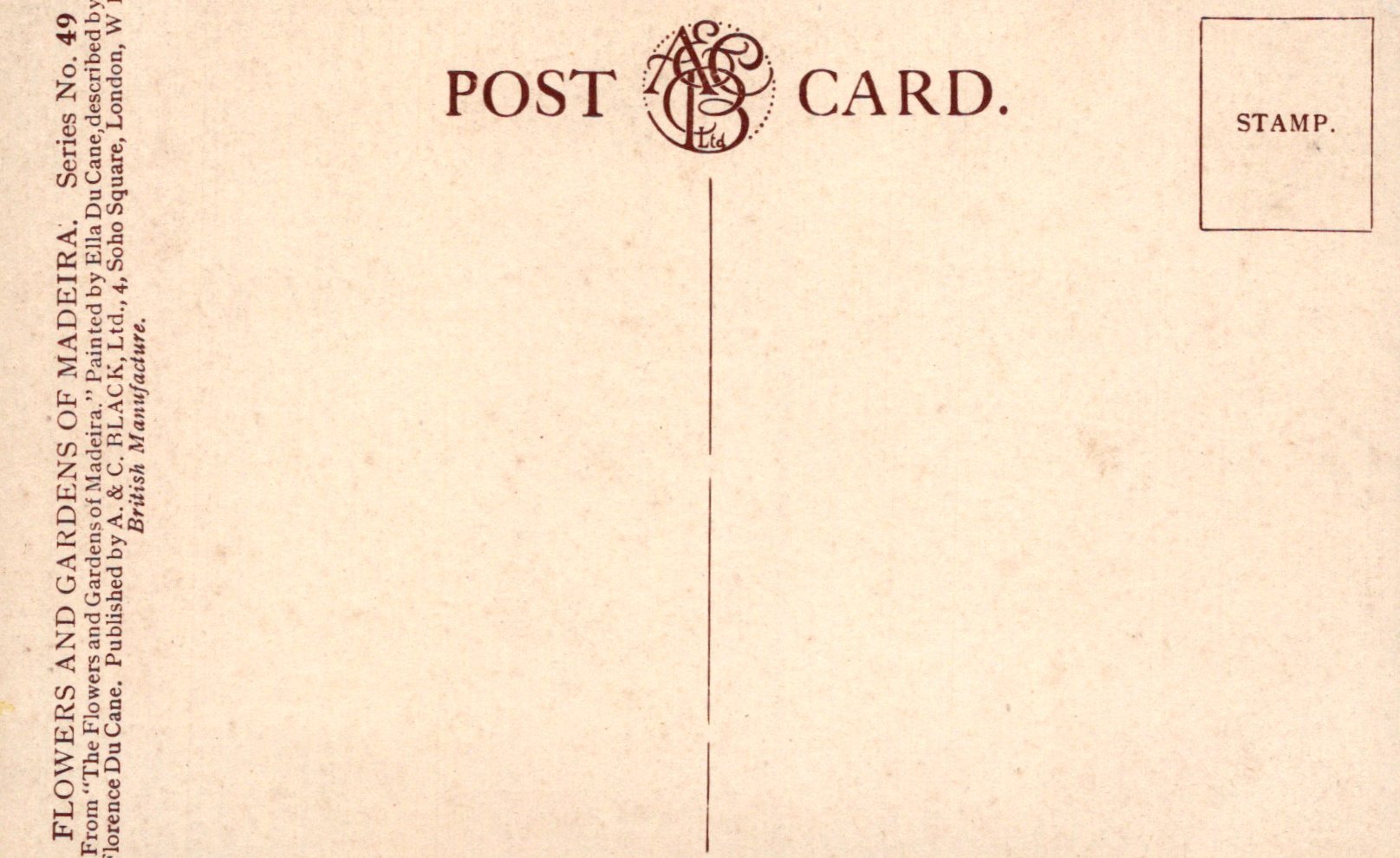 Vintage postcard with text and a stamp area on a beige background