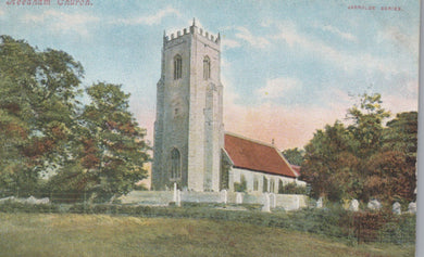 Vintage postcard of a church tower with surrounding trees and grass.