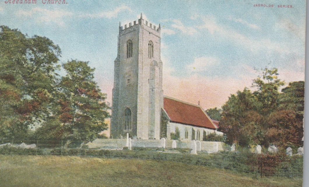 Vintage postcard of a church tower with surrounding trees and grass.