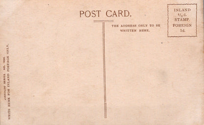 Back of a vintage postcard with text and stamp information.