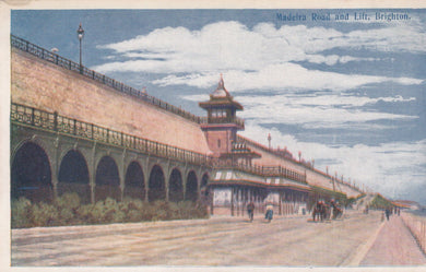 Vintage illustration of Madeira Road and Lift, Brighton with a scenic view and architectural details.