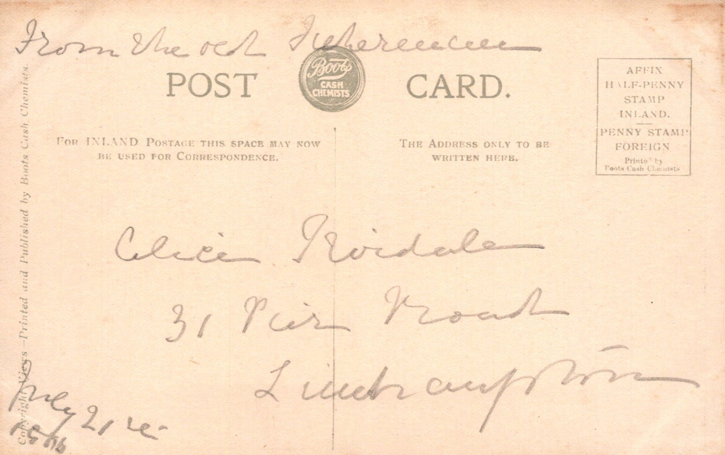 Vintage postcard with text and a logo on a beige background