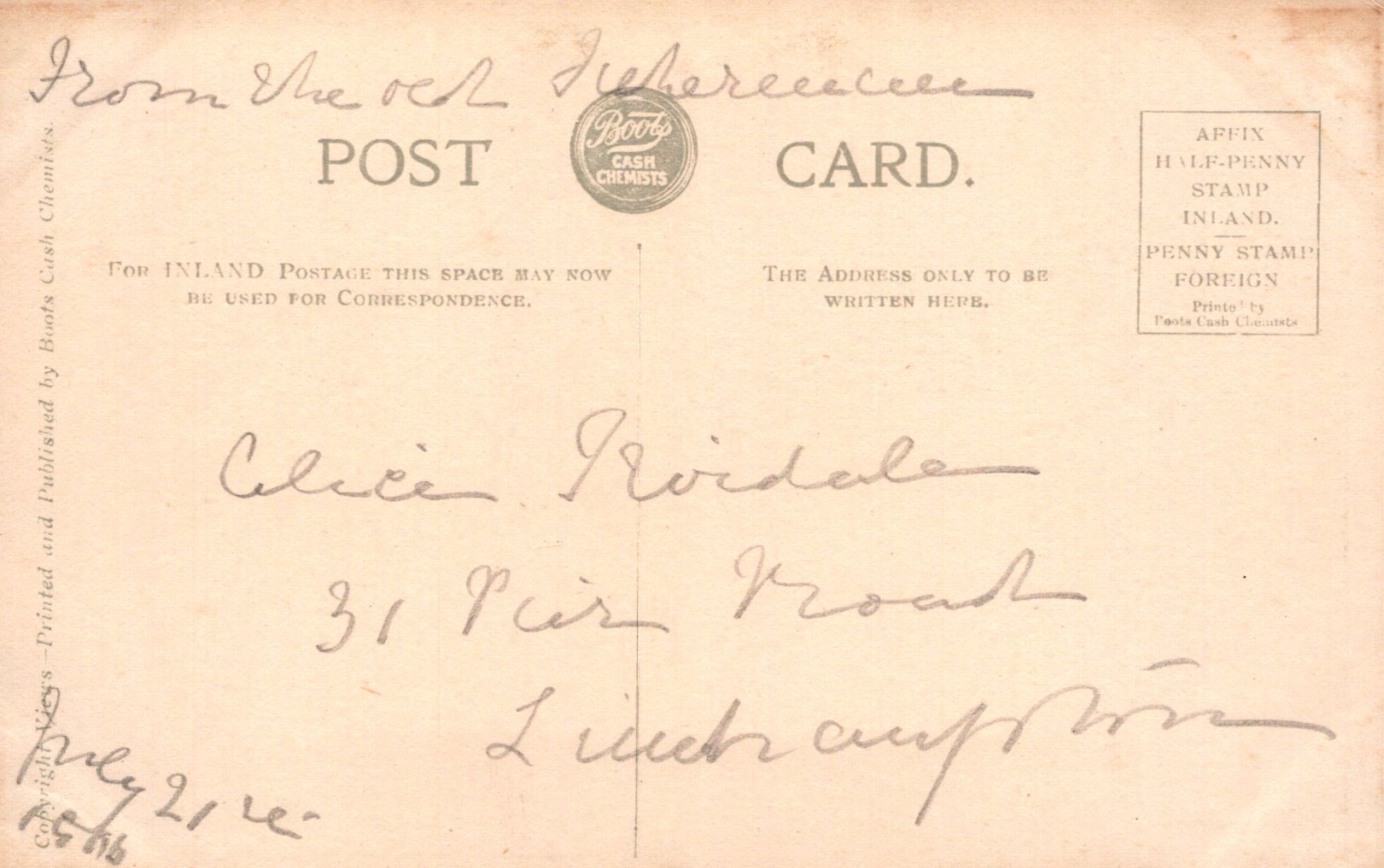 Vintage postcard with text and a logo on a beige background