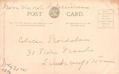 Vintage postcard with text and a logo on a beige background