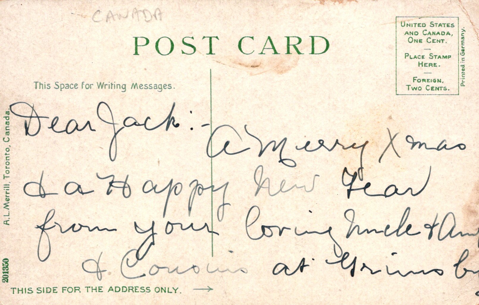 Vintage postcard with handwritten message and stamps