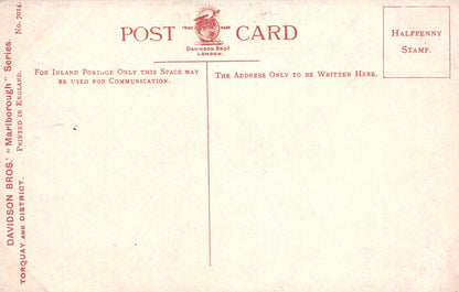 Vintage postcard with text and design elements on a light pink background