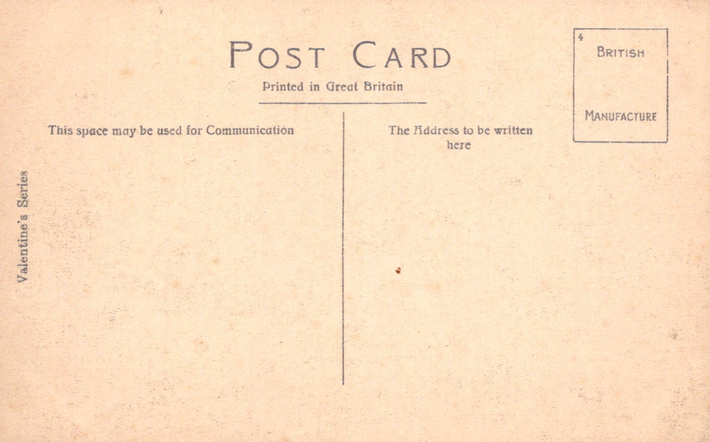 Back of a vintage postcard with text and a line for writing address.