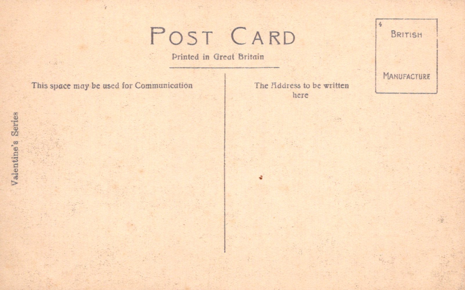 Back of a vintage postcard with text and a line for writing address.