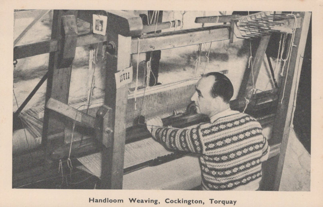 Person operating a handloom with text 'Handloom Weaving, Cockington, Torquay' at the bottom.