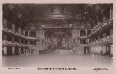 Vintage black and white photo of a grand ballroom inside The Tower, Blackpool.