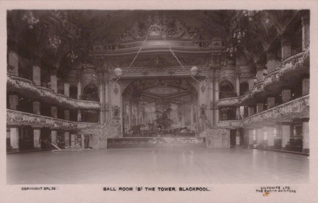 Vintage black and white photo of a grand ballroom inside The Tower, Blackpool.