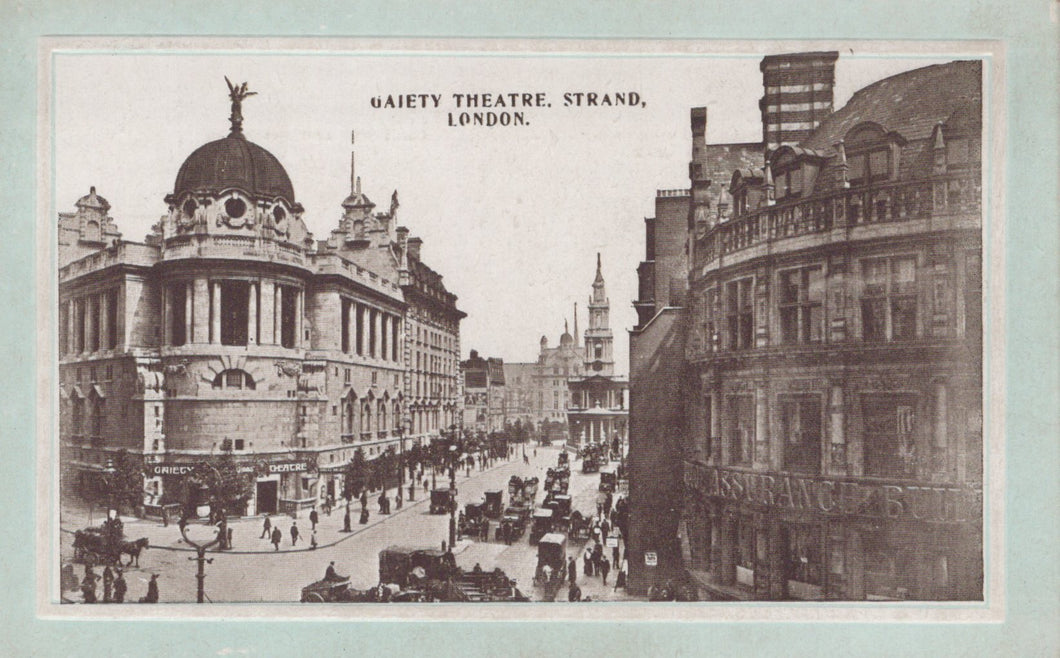 Vintage black and white photograph of the Gaiety Theatre on the Strand, London.
