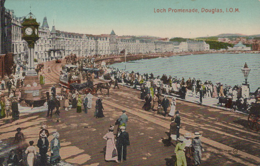 Vintage postcard of a promenade scene with people, horses, and a clock tower in Douglas, Isle of Man.
