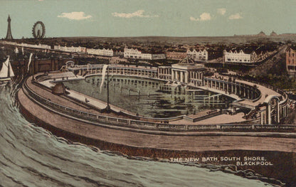 Vintage illustration of a large bath and surrounding area with buildings and a Ferris wheel in the distance.