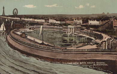 Vintage illustration of a large bath and surrounding area with buildings and a Ferris wheel in the distance.