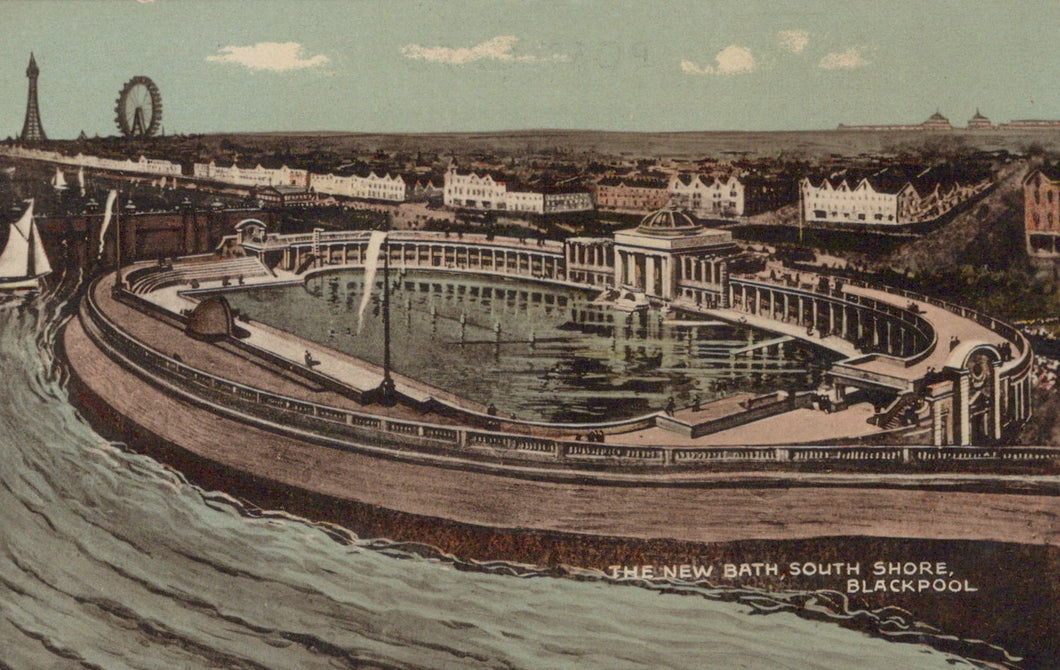 Vintage illustration of a large bath and surrounding area with buildings and a Ferris wheel in the distance.