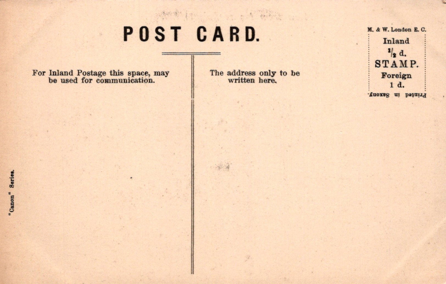 Vintage postcard with text and postage information on a beige background