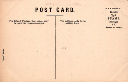 Vintage postcard with text and postage information on a beige background