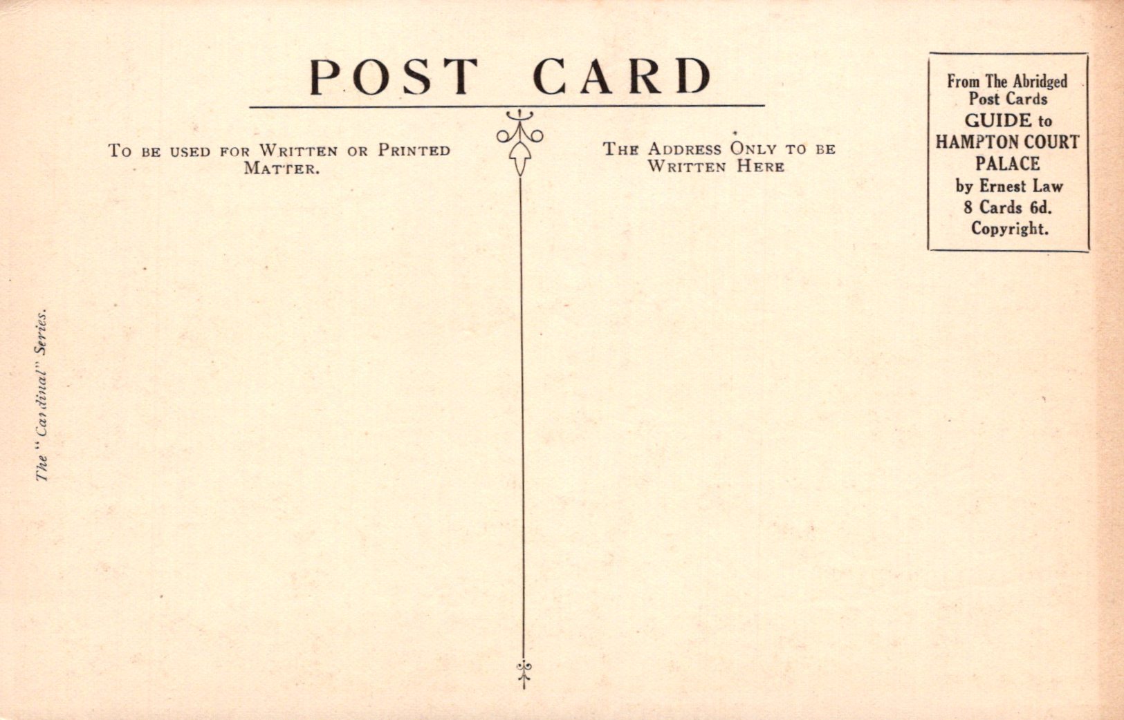 Vintage postcard with text and design elements on a beige background