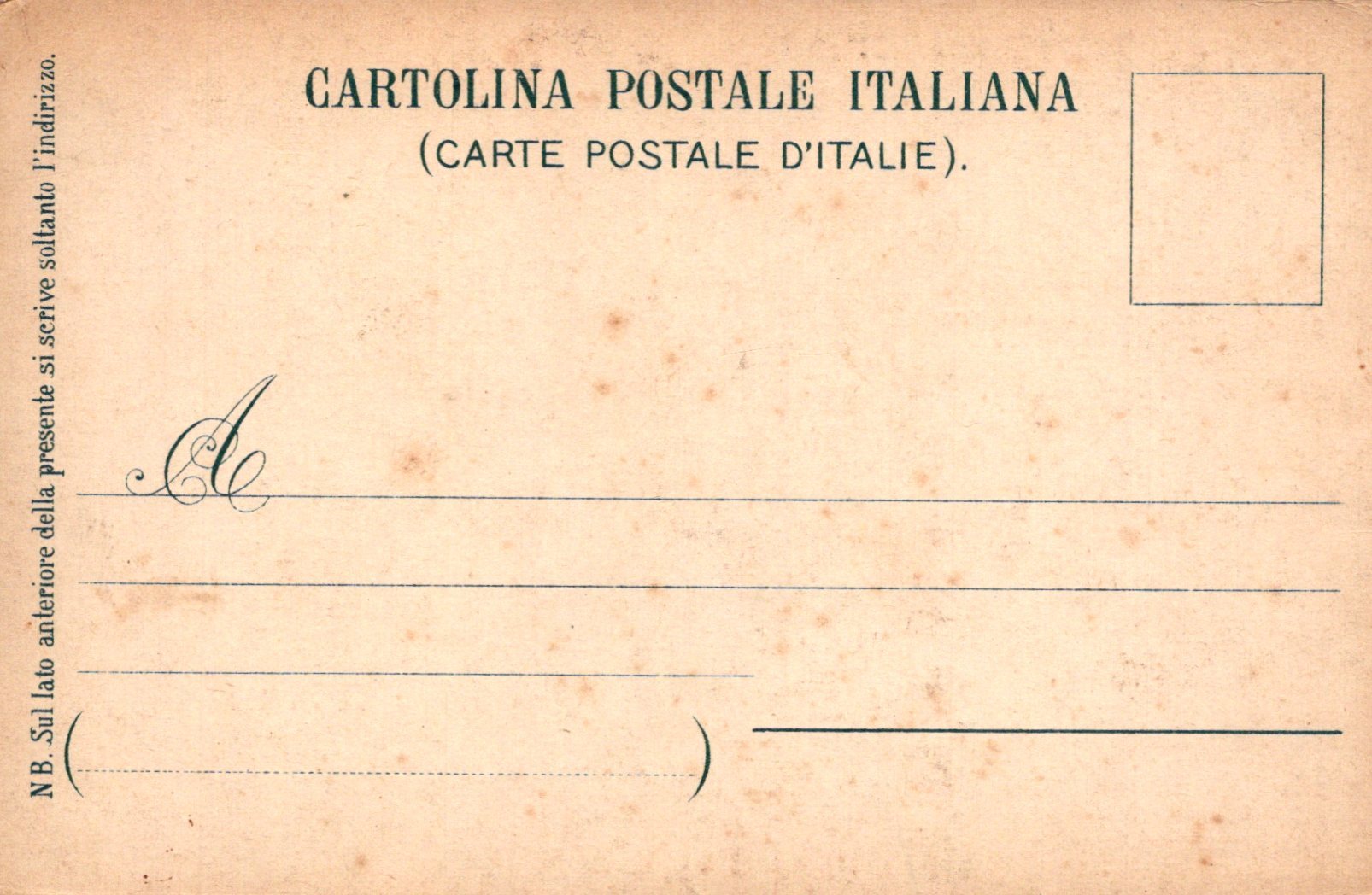 Vintage Italian postcard with text and a blank area for writing.
