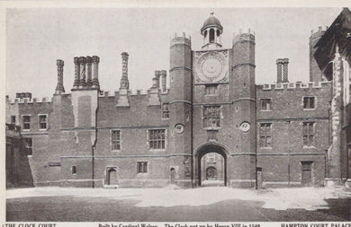 Historical black and white postcard of Hampton Court Palace clock tower