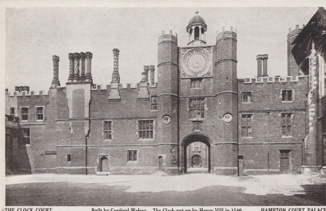 Historical black and white postcard of Hampton Court Palace clock tower