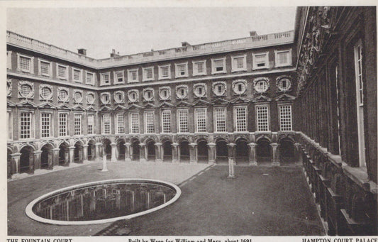Historical black and white postcard of Hampton Court Palace's Fountain Court