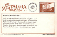 Load image into Gallery viewer, Nostalgia postcard from 1954 featuring The Crazy Gang and Jack Hylton, with text and vintage design elements.
