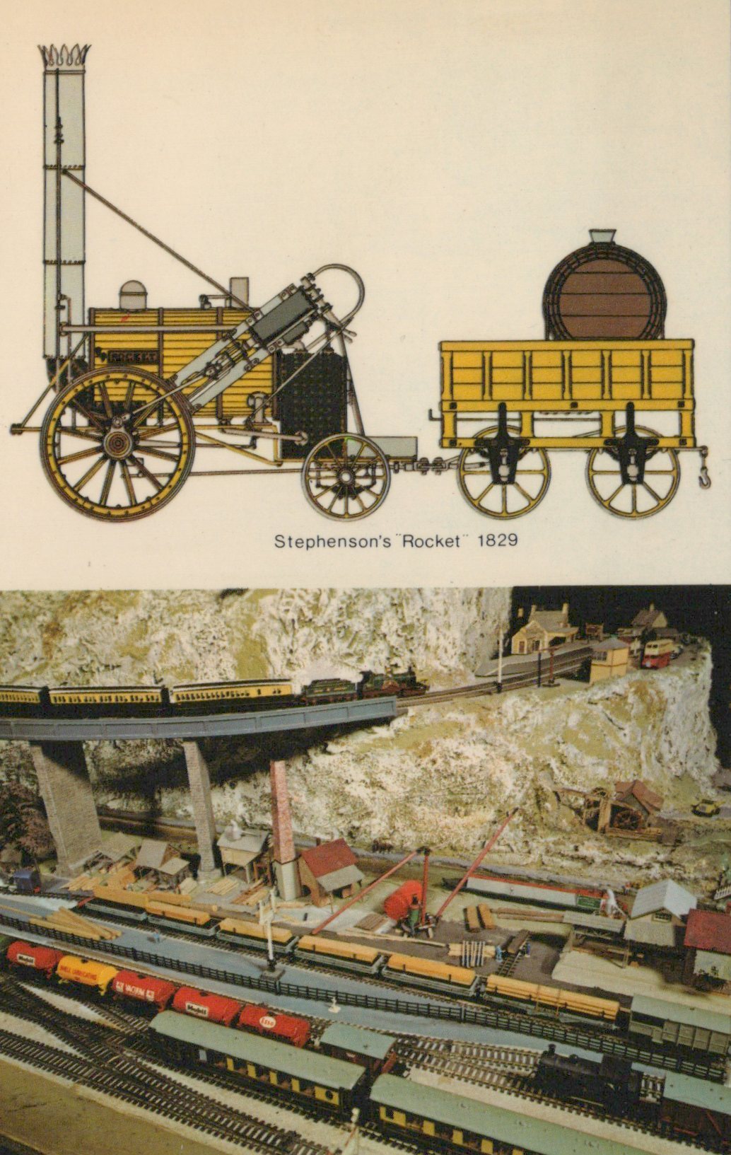 Model of Stephenson's Rocket from 1829 and a detailed model train layout.