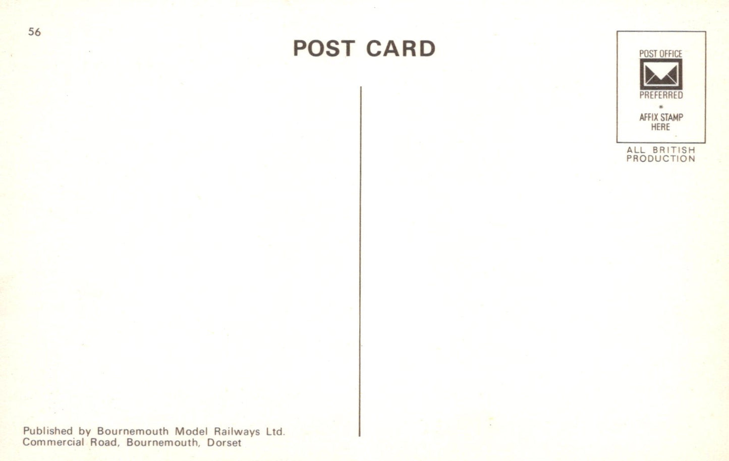 Back of a postcard with text and a logo, featuring 'Bournemouth Model Railways Ltd'.