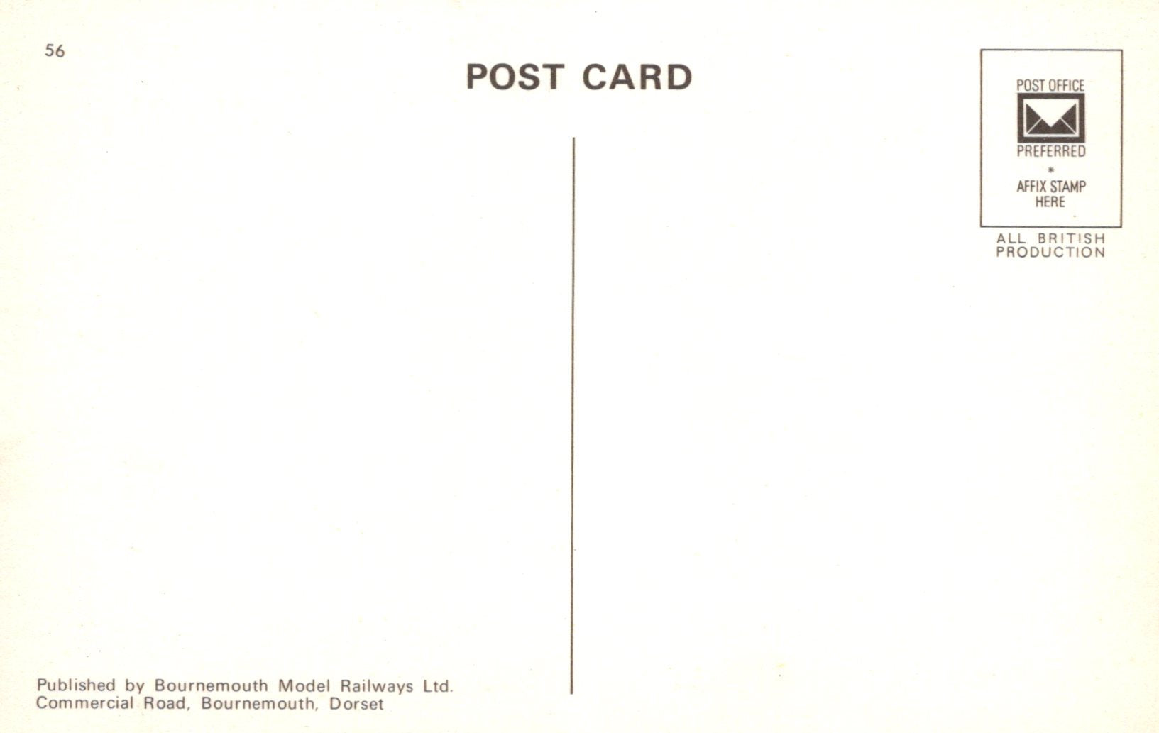 Back of a postcard with text and a logo, featuring 'Bournemouth Model Railways Ltd'.