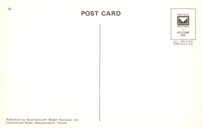 Back of a postcard with text and a logo, featuring 'Bournemouth Model Railways Ltd'.