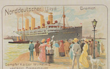 Load image into Gallery viewer, Vintage illustration of a ship with people on a dock, featuring text &#39;Norddeutscher Lloyd Bremen&#39;.
