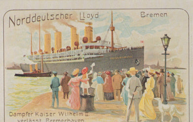 Vintage illustration of a ship with people on a dock, featuring text 'Norddeutscher Lloyd Bremen'.