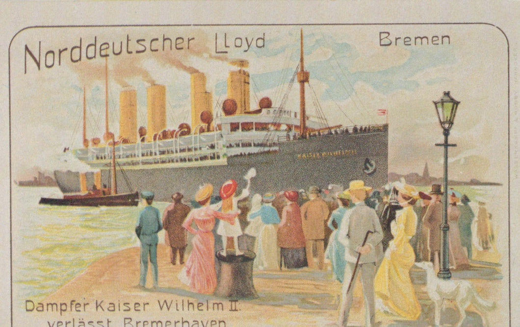 Vintage illustration of a ship with people on a dock, featuring text 'Norddeutscher Lloyd Bremen'.