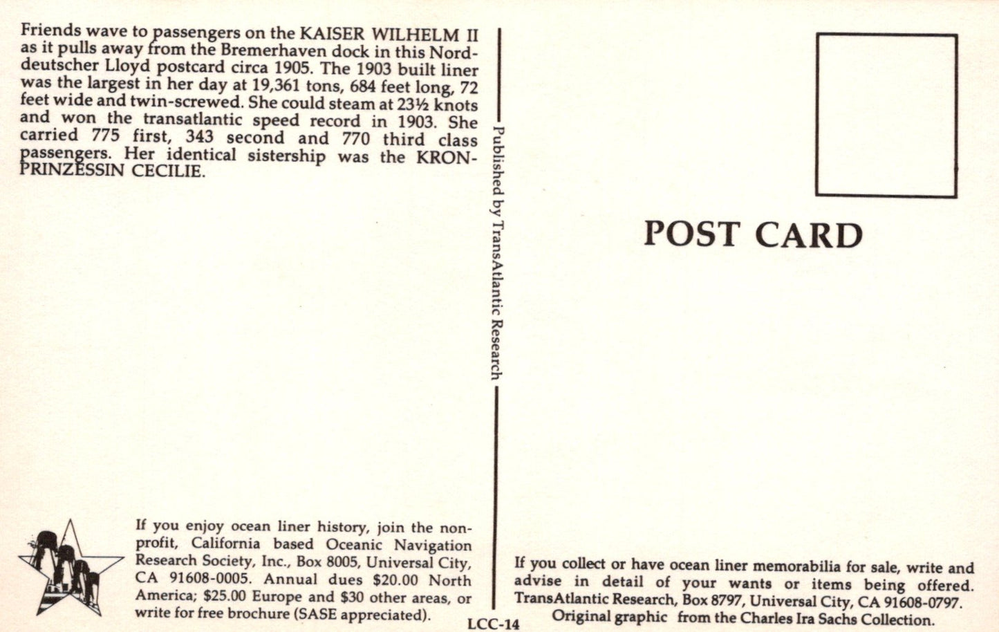 Vintage postcard with text about ocean liner history, featuring a black and white illustration of a ship.