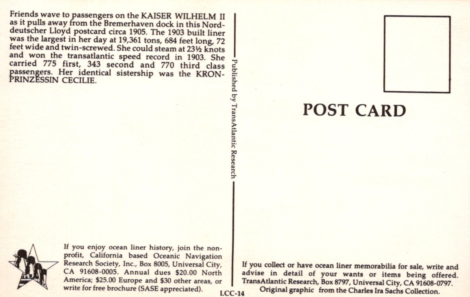 Vintage postcard with text about ocean liner history, featuring a black and white illustration of a ship.