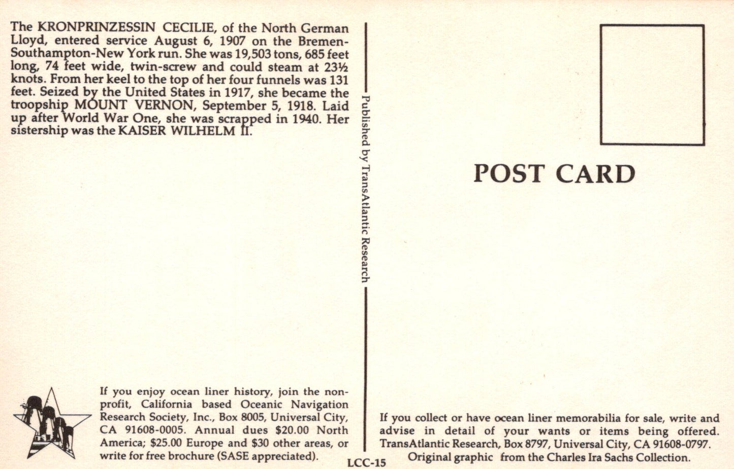 Back of a postcard with text about ocean liner history, featuring a small graphic of a ship.