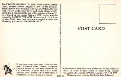 Back of a postcard with text about ocean liner history, featuring a small graphic of a ship.