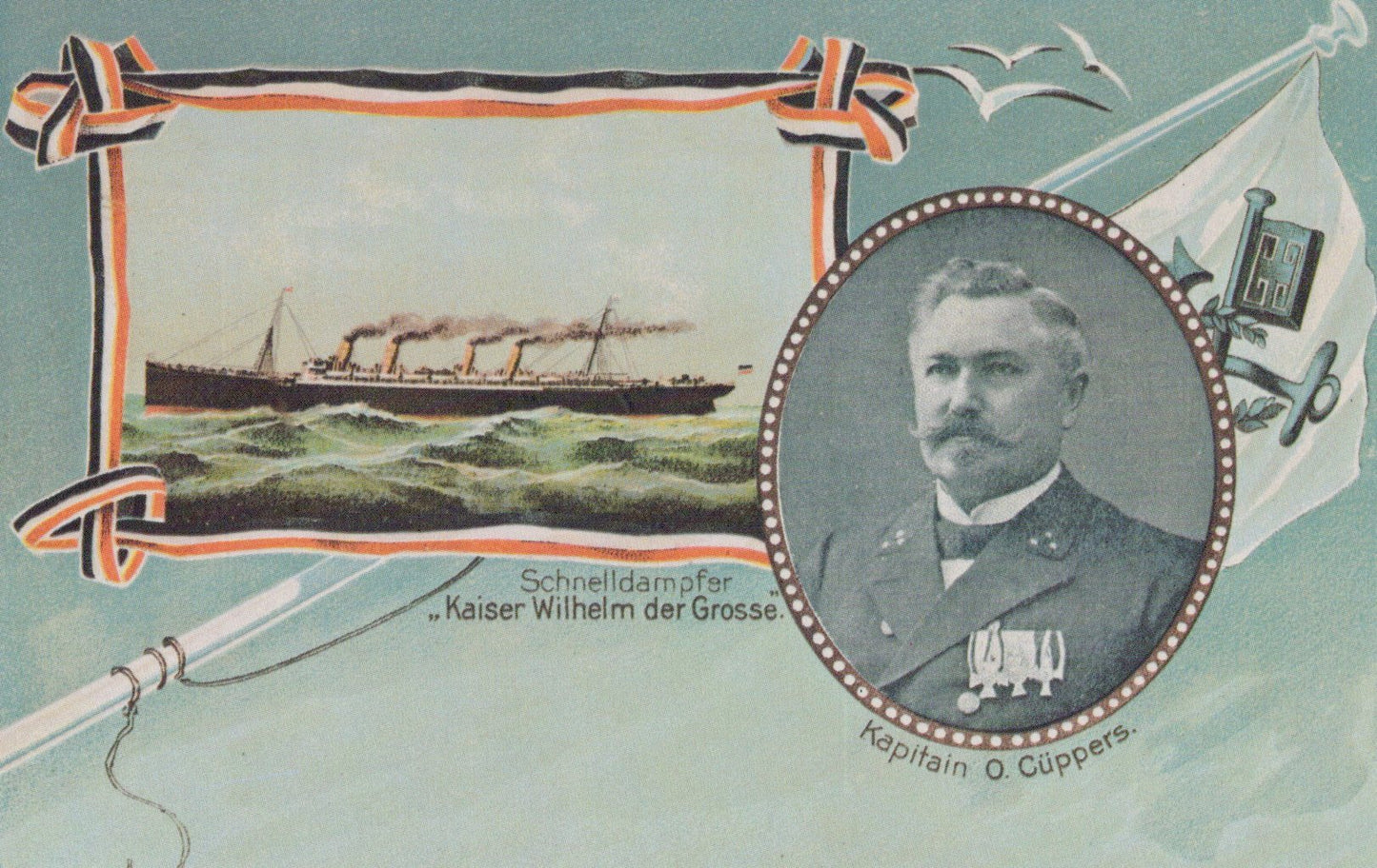 Vintage postcard with a ship illustration and a portrait of a man, likely a captain, on a decorative background.