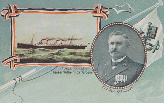 Vintage postcard with a ship illustration and a portrait of a man, likely a captain, on a decorative background.