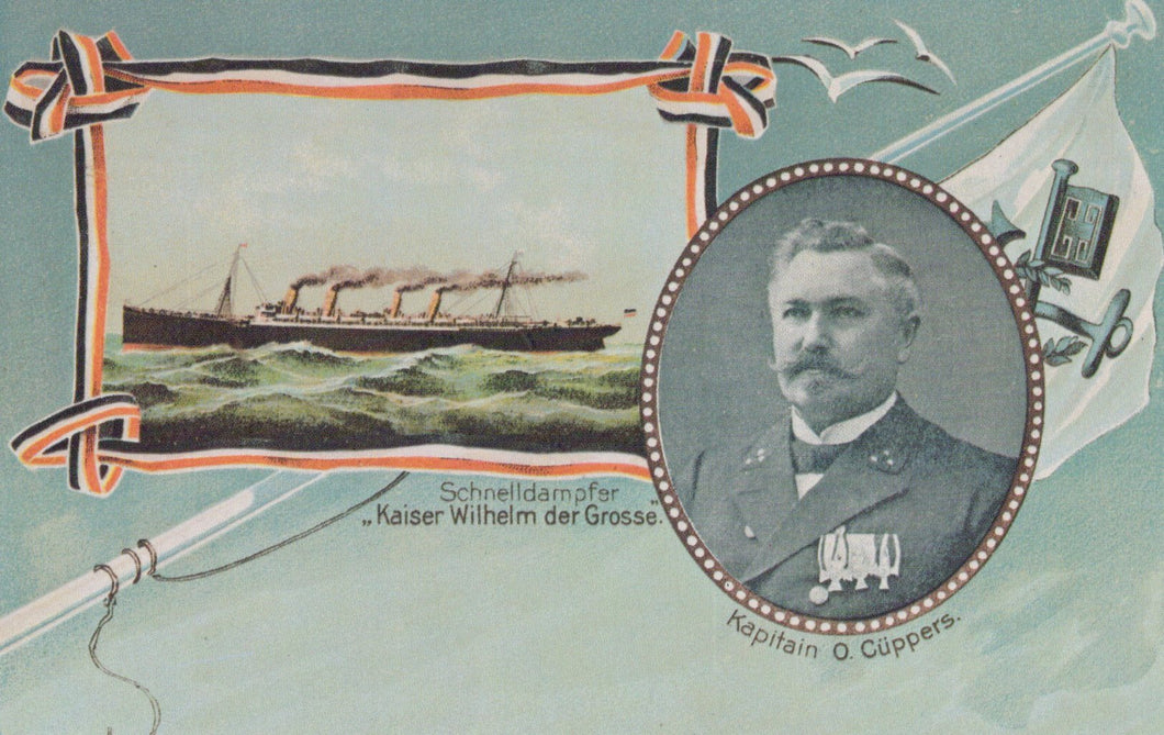 Vintage postcard with a ship illustration and a portrait of a man, likely a captain, on a decorative background.