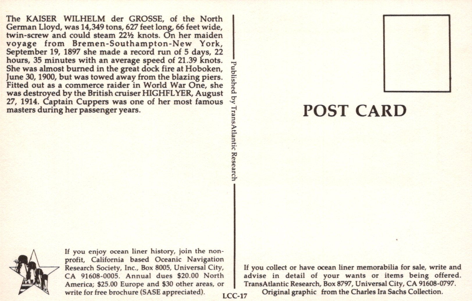 Vintage postcard with text about the Kaiser Wilhelm der Grosse, a German ocean liner, on a white background.