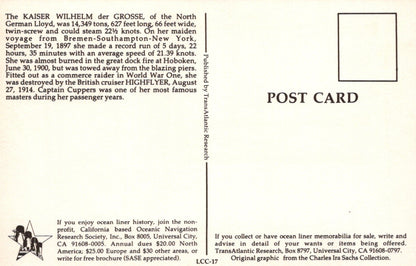 Vintage postcard with text about the Kaiser Wilhelm der Grosse, a German ocean liner, on a white background.