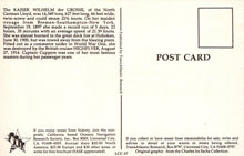 Load image into Gallery viewer, Vintage postcard with text about the Kaiser Wilhelm der Grosse, a German ocean liner, on a white background.
