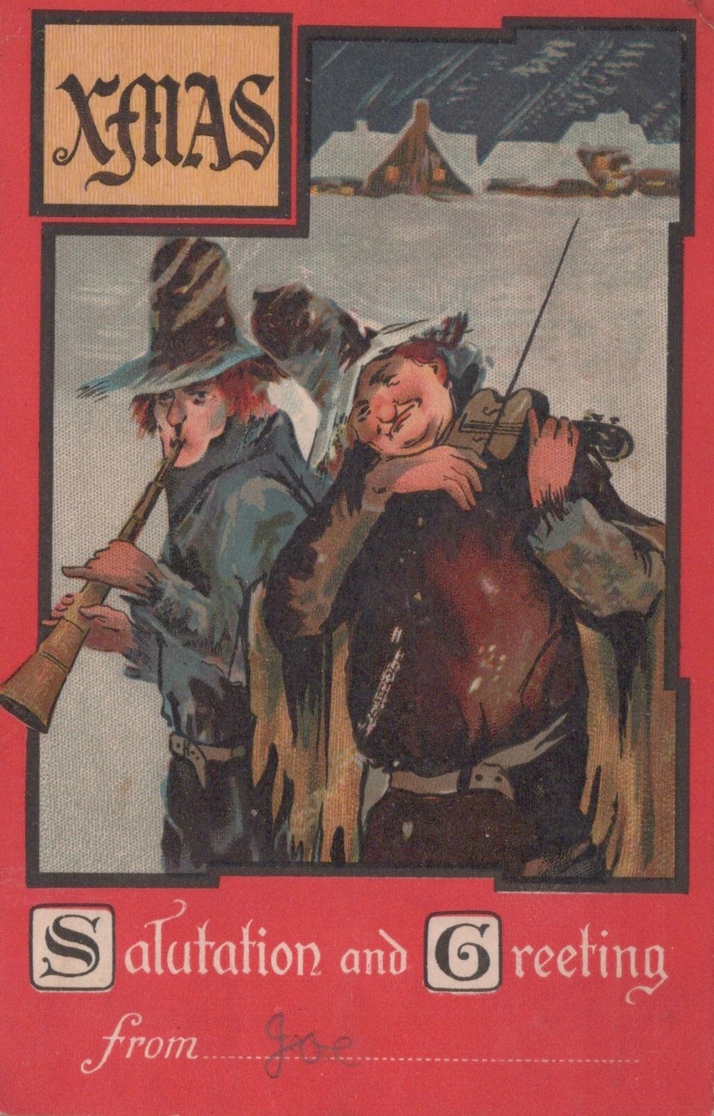 Vintage Christmas card with two figures in winter clothing and a red border.