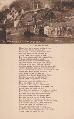 Vintage-style image of a cottage with a poem titled 'Bird in Hand' by Old Mauds Lee.