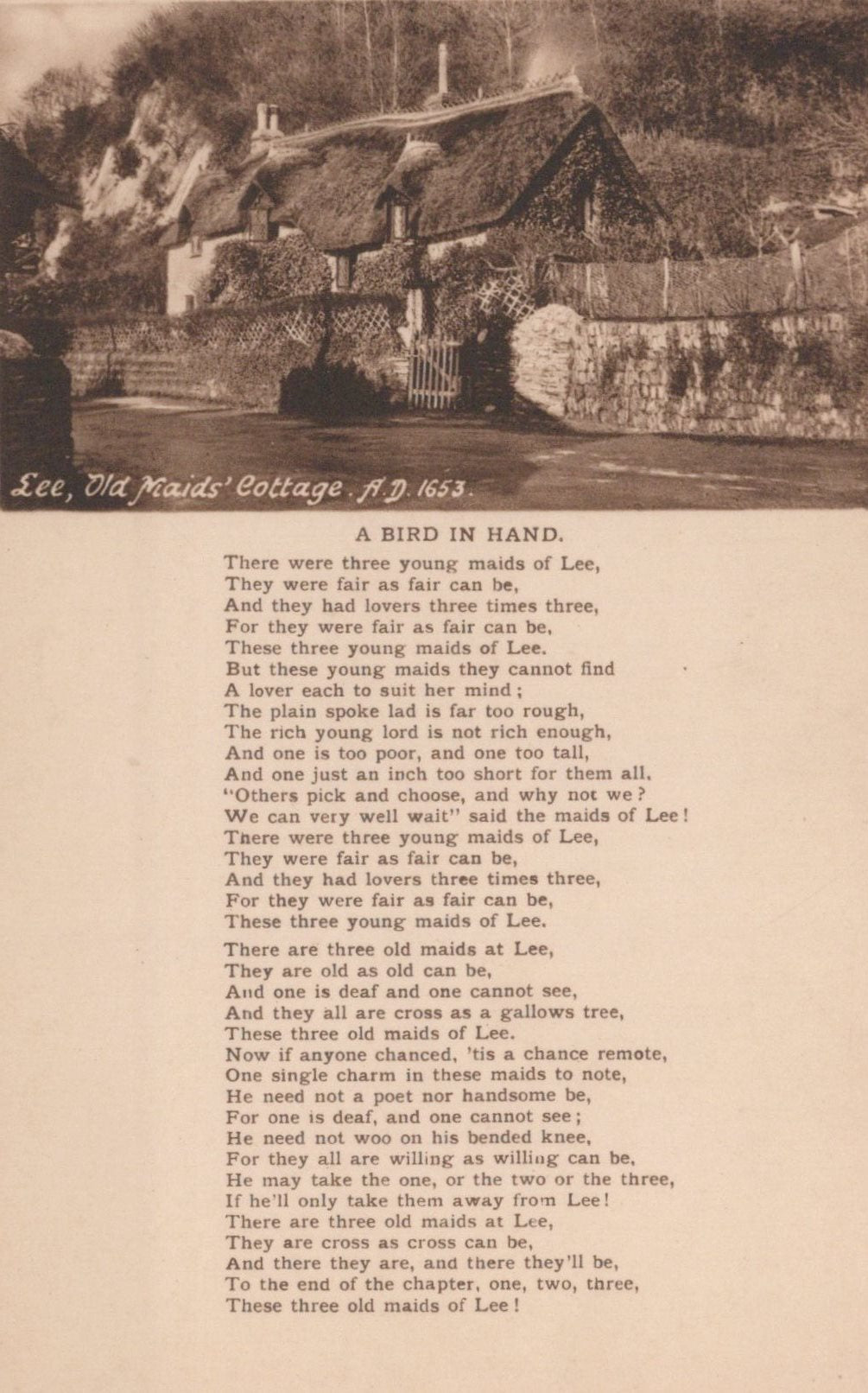 Vintage-style image of a cottage with a poem titled 'Bird in Hand' by Old Mauds Lee.