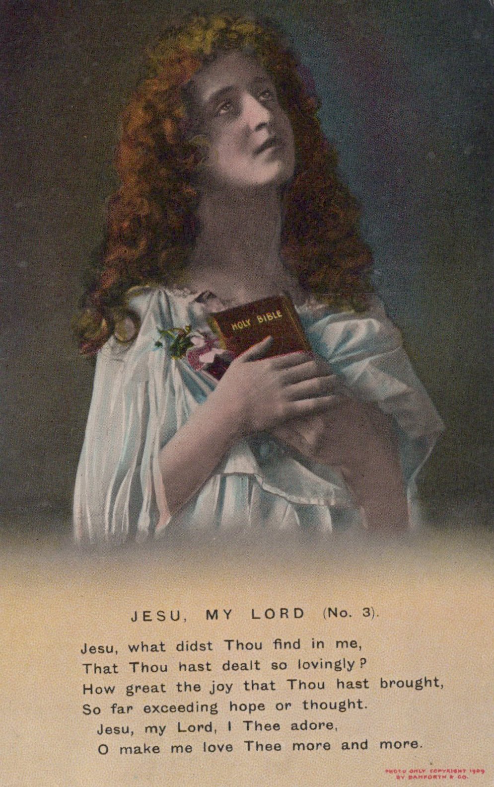 Vintage-style illustration of a woman holding a Bible with text at the bottom.